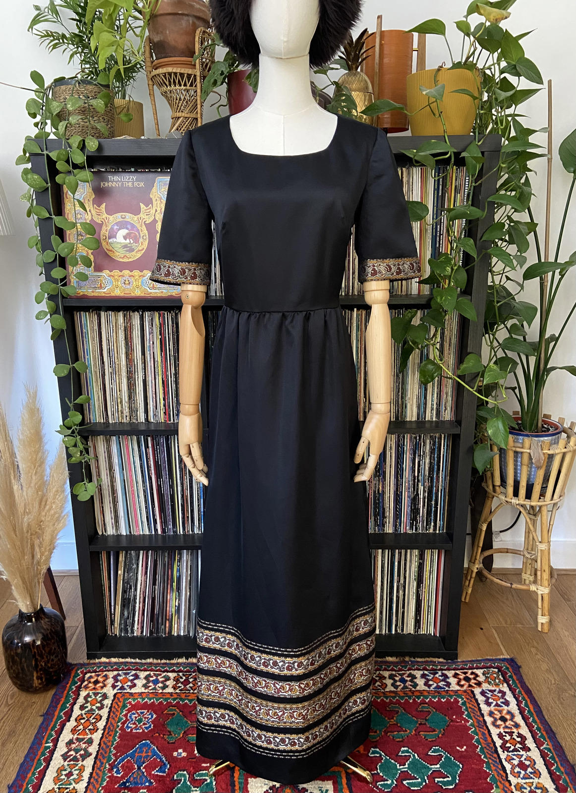Vintage 1970s Black Folk Maxi Dress
