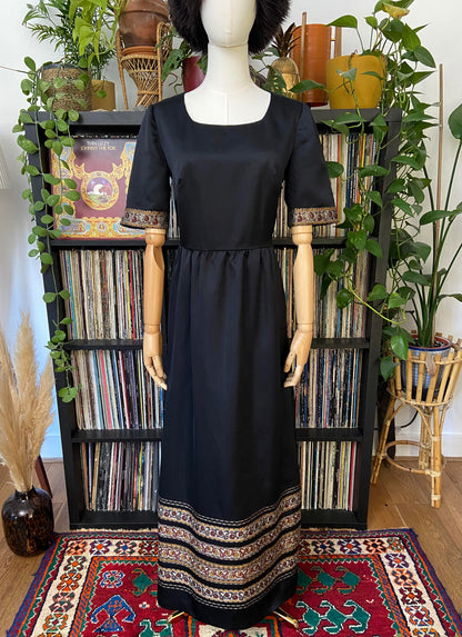 Vintage 1970s Black Folk Maxi Dress
