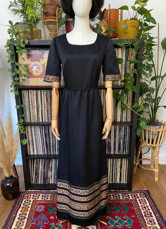 Vintage 1970s Black Folk Maxi Dress