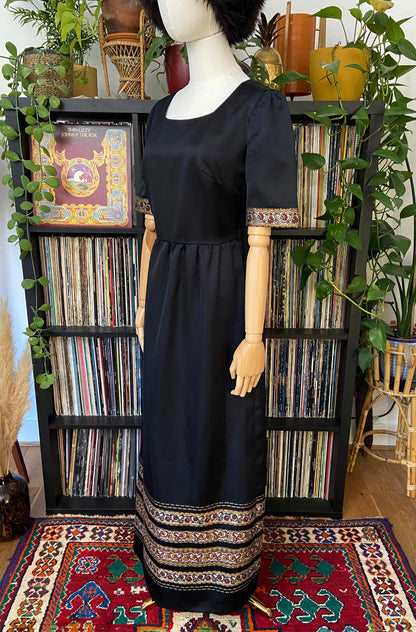 Vintage 1970s Black Folk Maxi Dress