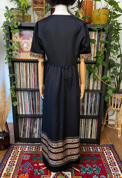 Vintage 1970s Black Folk Maxi Dress