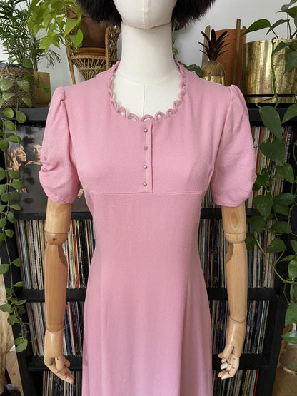 Vintage 1970s Scallop Edged Pale Pink Maxi Dress