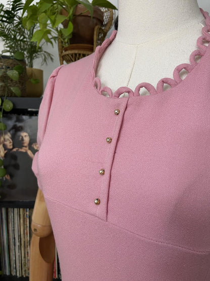 Vintage 1970s Scallop Edged Pale Pink Maxi Dress