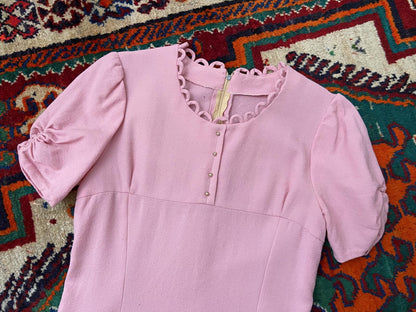 Vintage 1970s Scallop Edged Pale Pink Maxi Dress