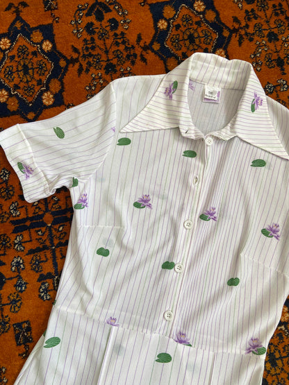 Vintage 1970s Dagger Collar Italian Lily Print Dress