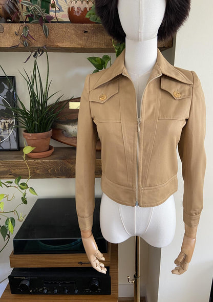 Vintage 1970s Beige Cropped Dagger Collar Jacket