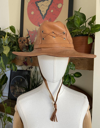 Vintage 1970s Hand Tooled Tan Leather Cowboy Hat