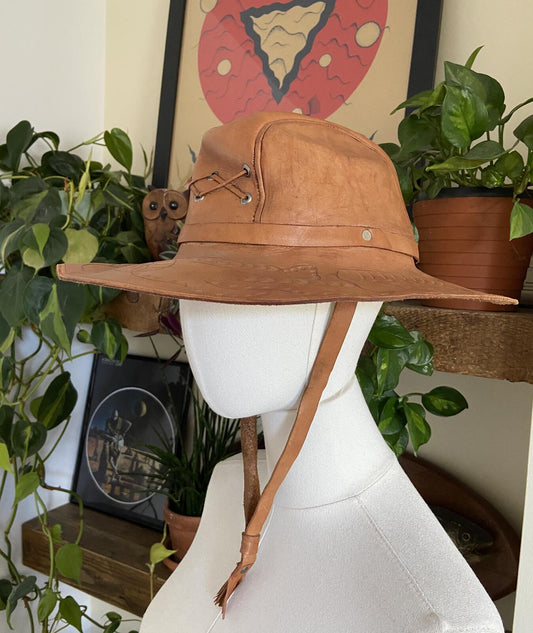 Vintage 1970s Hand Tooled Tan Leather Cowboy Hat