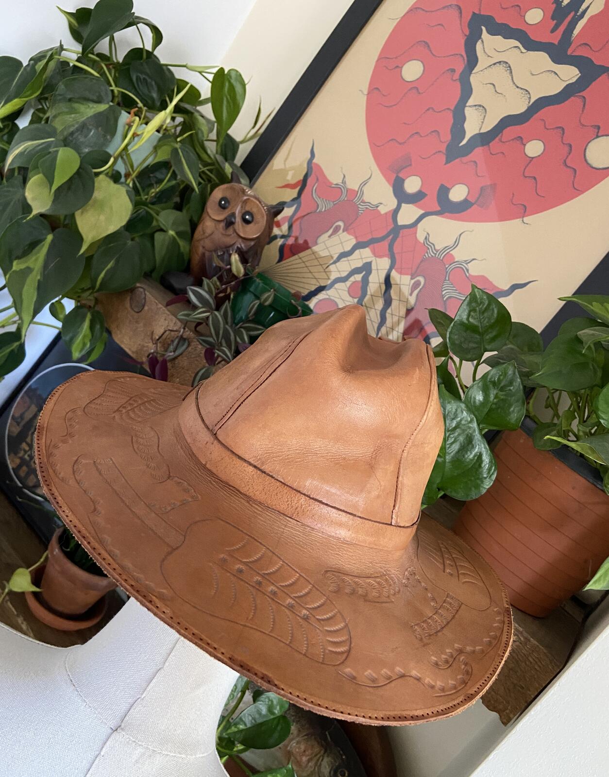 Vintage 1970s Hand Tooled Tan Leather Cowboy Hat