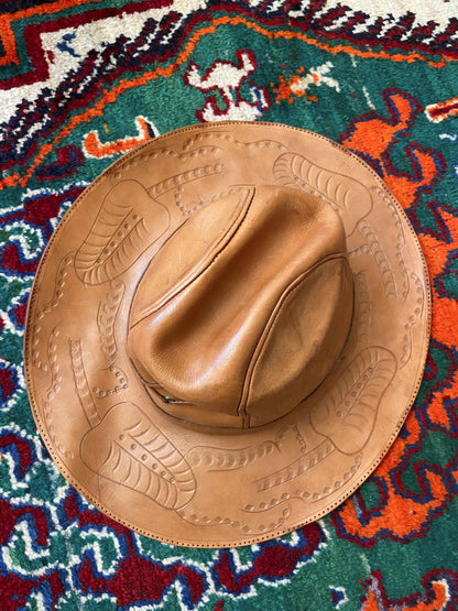 Vintage 1970s Hand Tooled Tan Leather Cowboy Hat