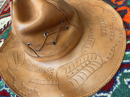 Vintage 1970s Hand Tooled Tan Leather Cowboy Hat