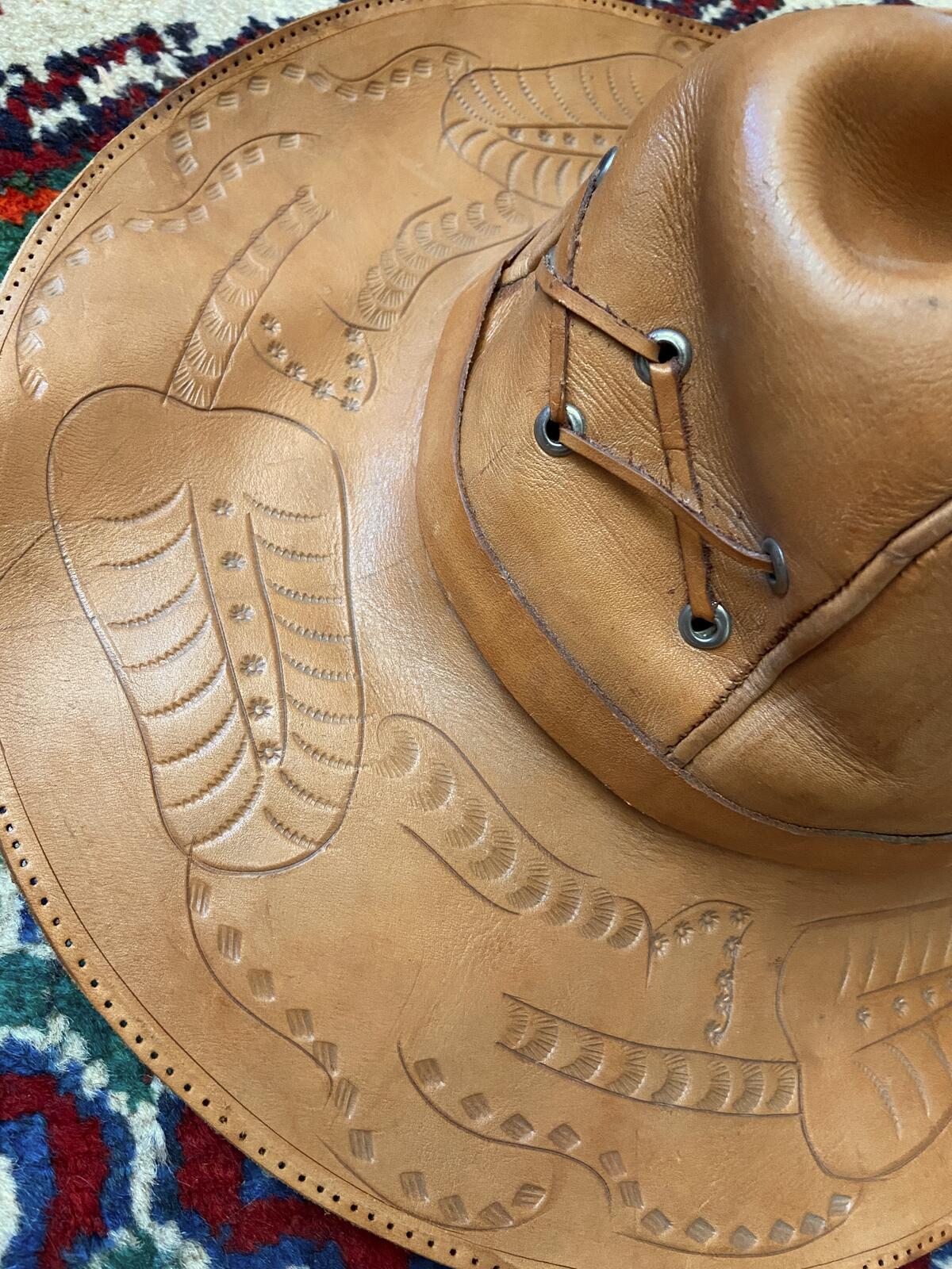 Vintage 1970s Hand Tooled Tan Leather Cowboy Hat