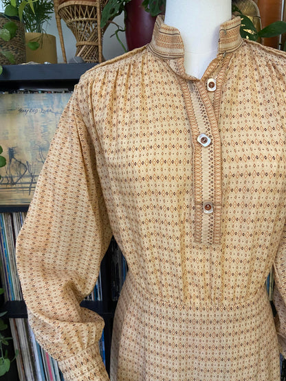 Vintage 1970s Beige Printed Dress