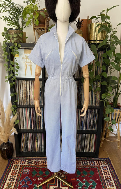 Vintage 1980s White & Blue Candy Stripe Jumpsuit