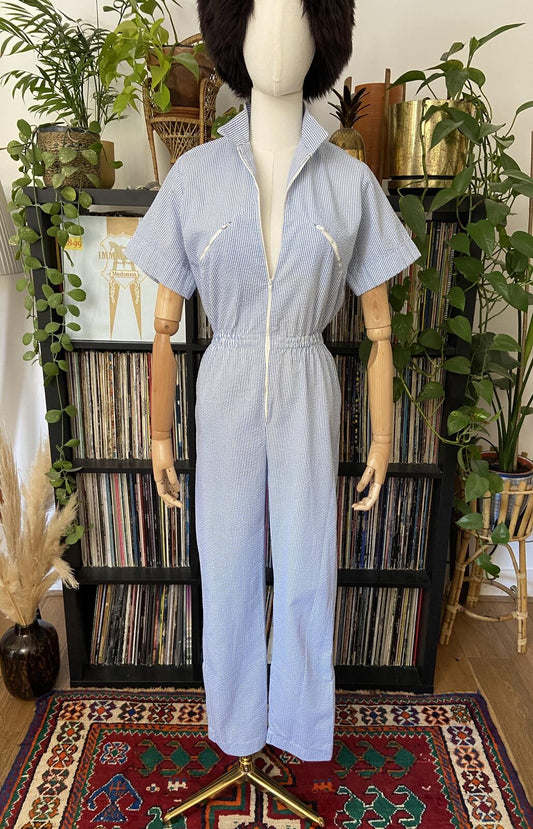 Vintage 1980s White & Blue Candy Stripe Jumpsuit