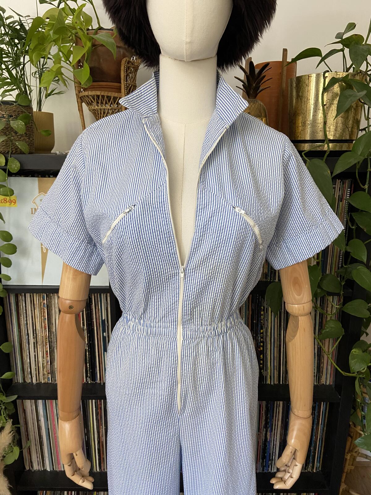 Vintage 1980s White & Blue Candy Stripe Jumpsuit