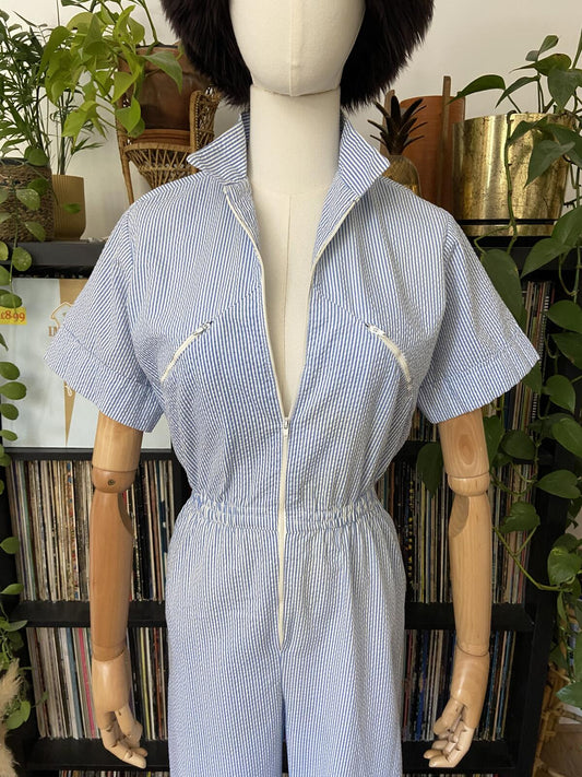 Vintage 1980s White & Blue Candy Stripe Jumpsuit