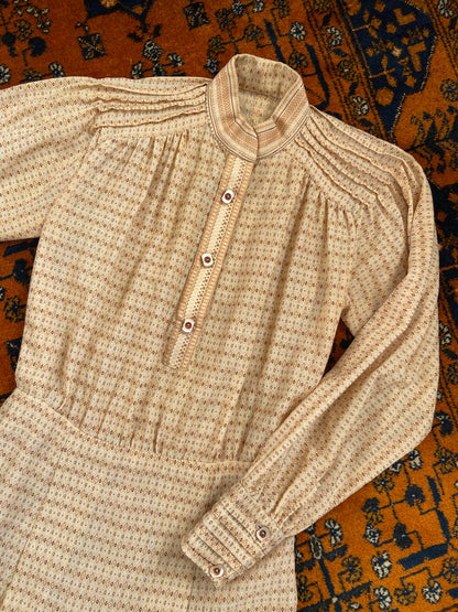 Vintage 1970s Beige Printed Dress