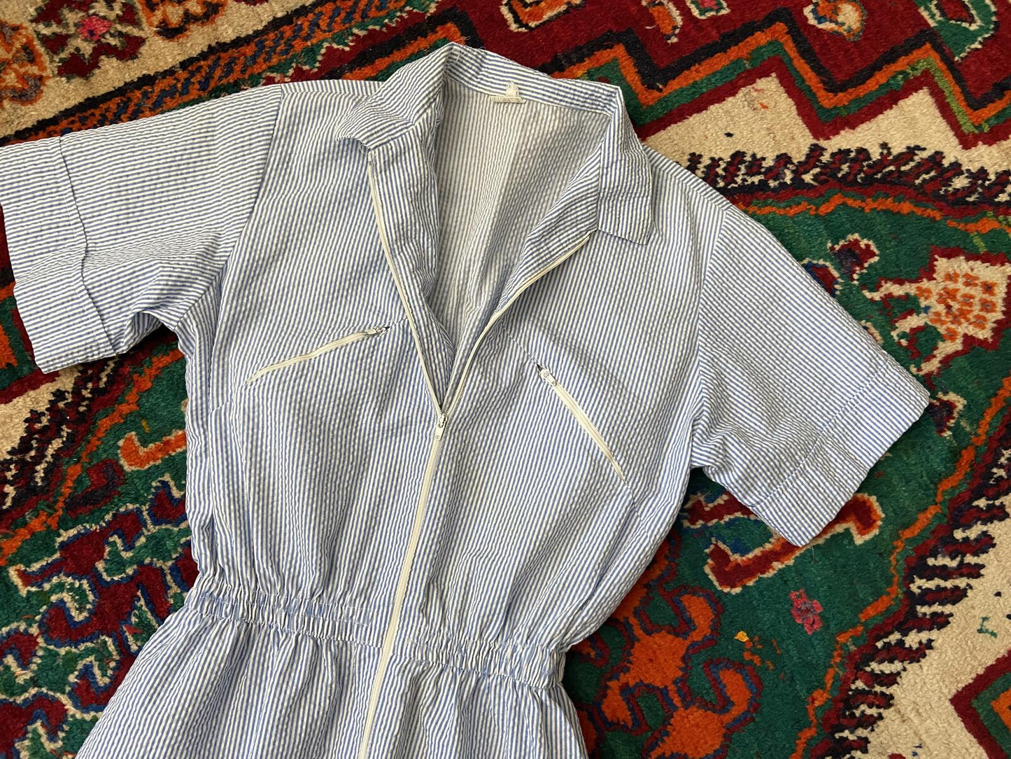 Vintage 1980s White & Blue Candy Stripe Jumpsuit