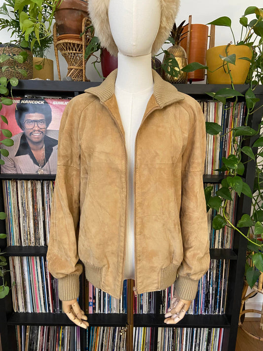 Vintage 1970s Beige Suede Bomber Jacket