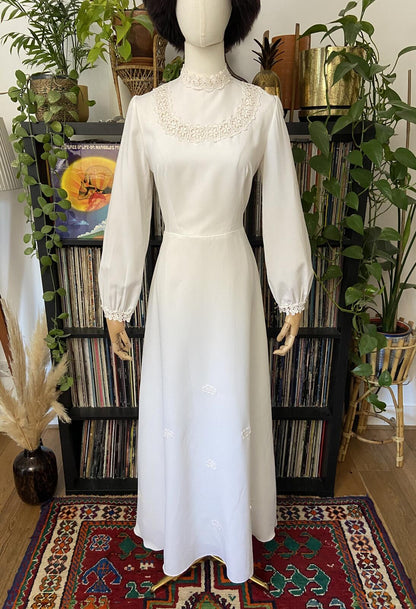 Vintage 1970s White High Neck Prairie Dress