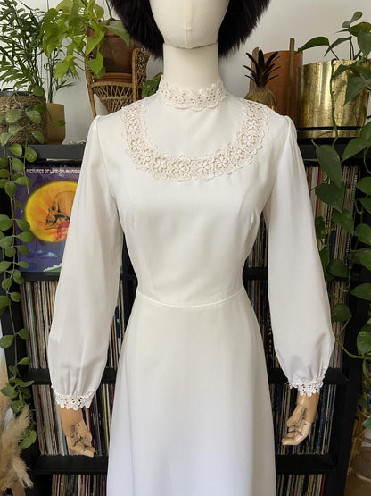 Vintage 1970s White High Neck Prairie Dress