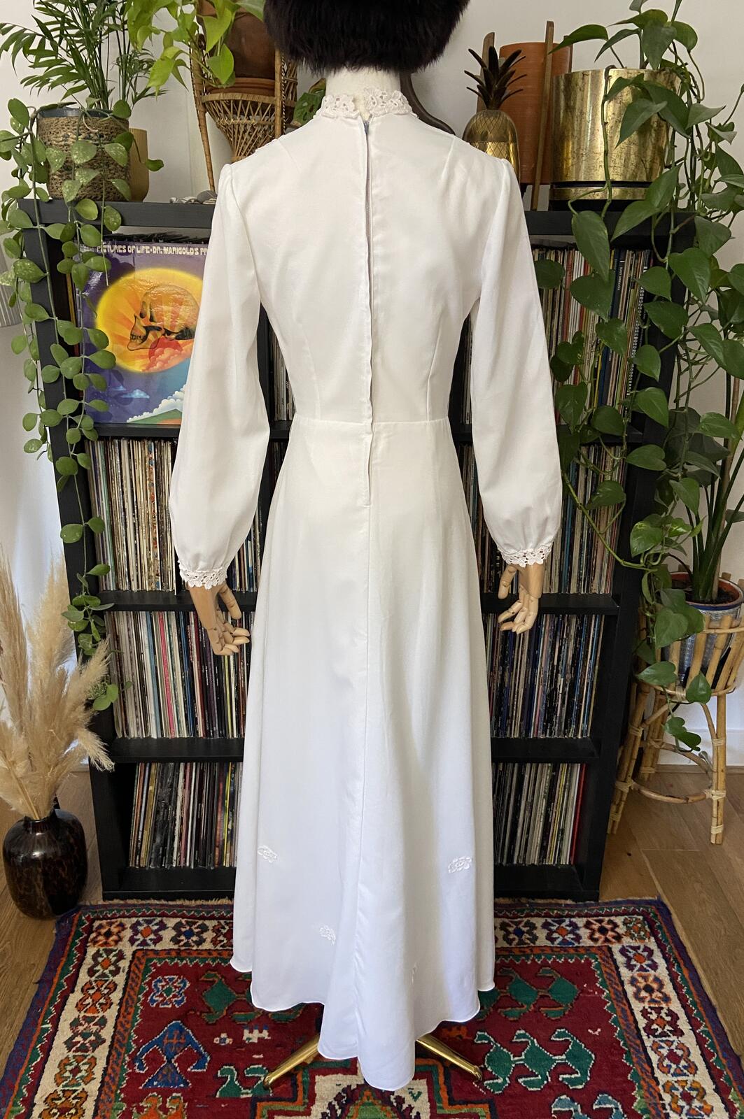 Vintage 1970s White High Neck Prairie Dress