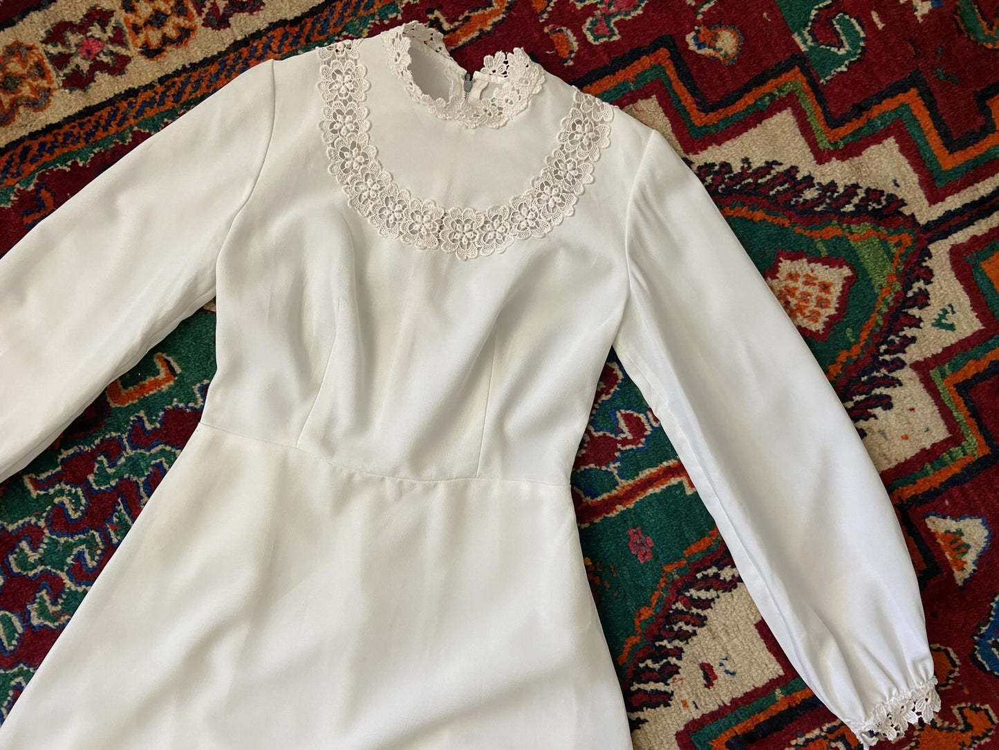 Vintage 1970s White High Neck Prairie Dress