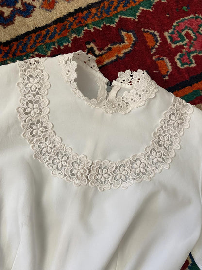 Vintage 1970s White High Neck Prairie Dress