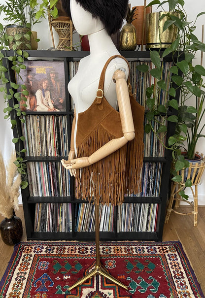 Tan Fringe Sabrina Tach Suede Handbag