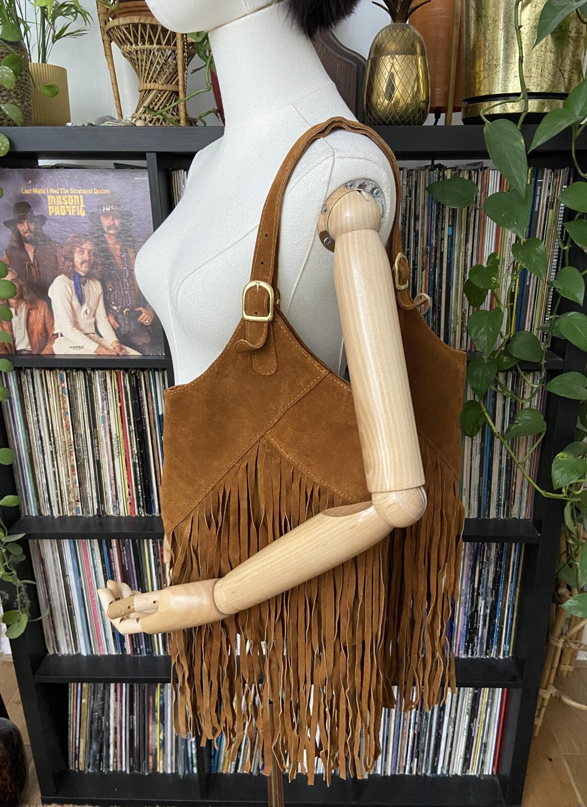 Tan Fringe Sabrina Tach Suede Handbag