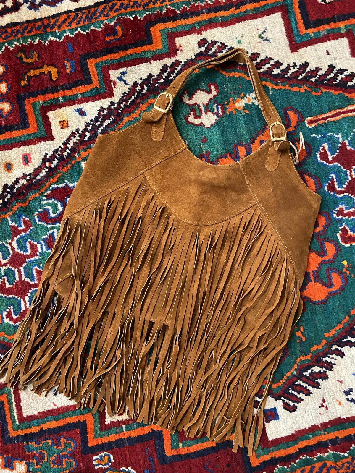 Tan Fringe Sabrina Tach Suede Handbag