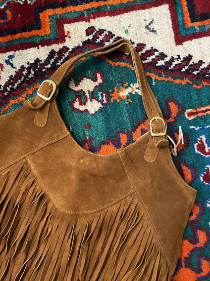 Tan Fringe Sabrina Tach Suede Handbag