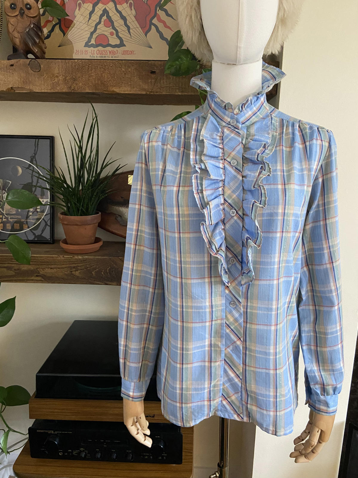 Vintage 1970s Pale Blue Gold Ruffle Prairie Shirt