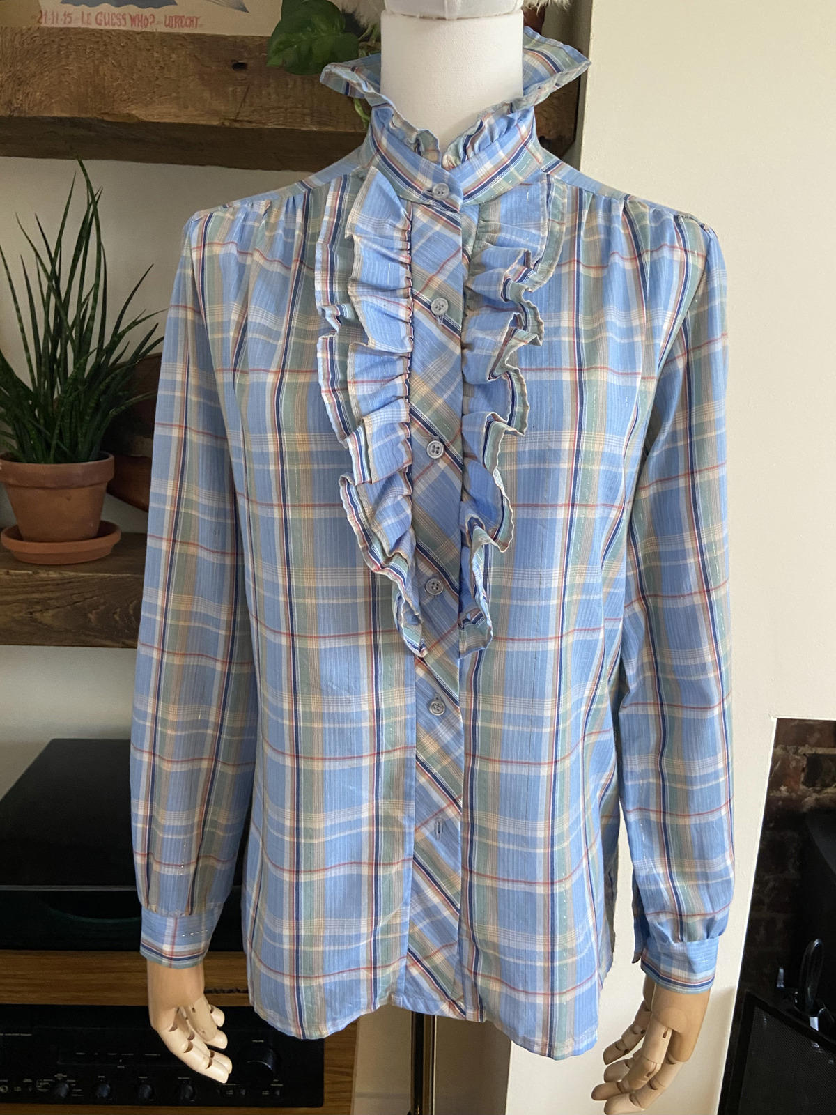 Vintage 1970s Pale Blue Gold Ruffle Prairie Shirt