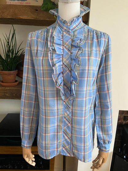 Vintage 1970s Pale Blue Gold Ruffle Prairie Shirt