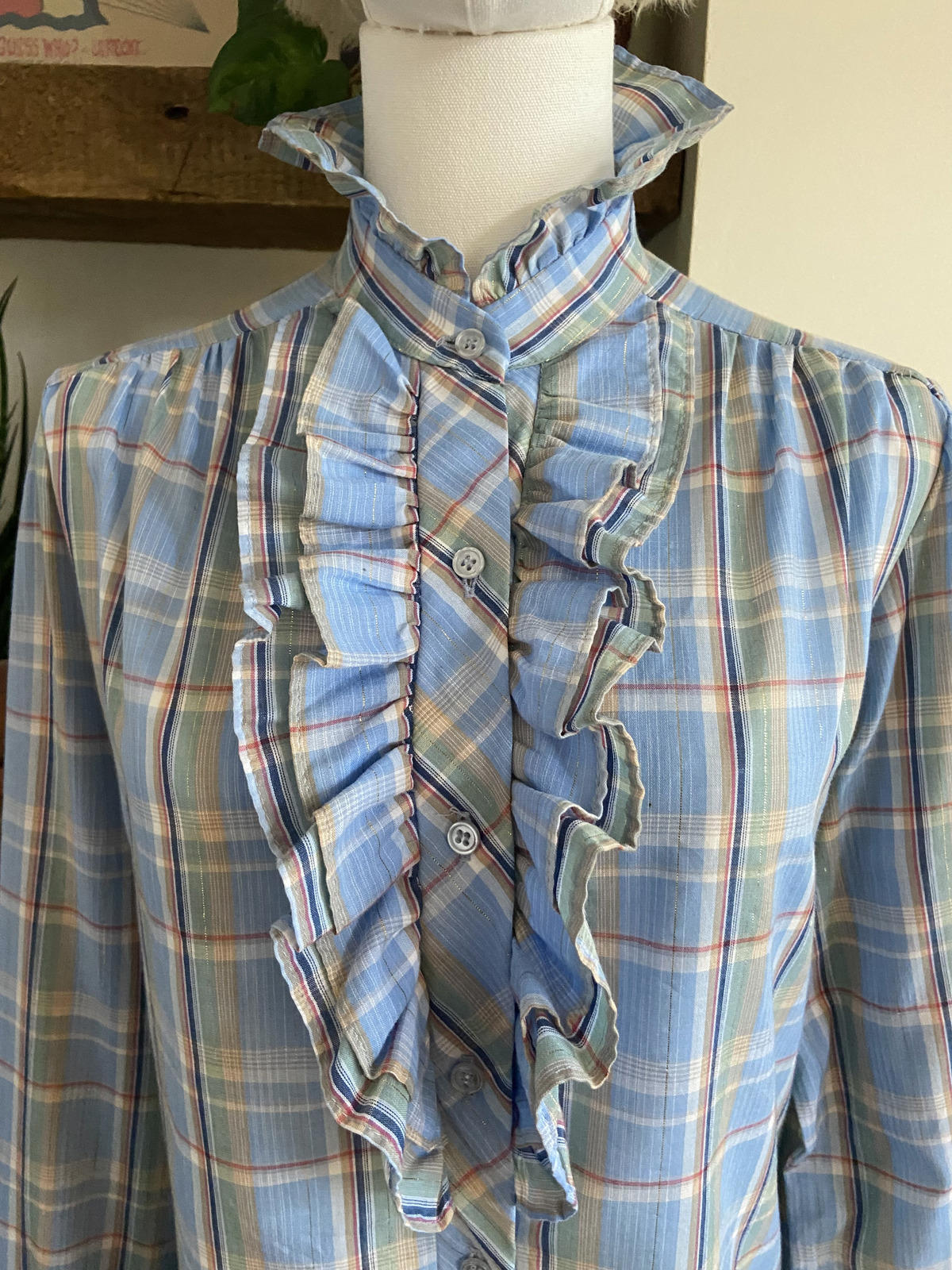 Vintage 1970s Pale Blue Gold Ruffle Prairie Shirt