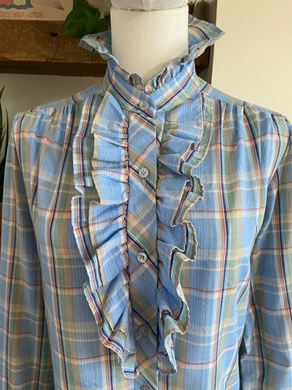 Vintage 1970s Pale Blue Gold Ruffle Prairie Shirt