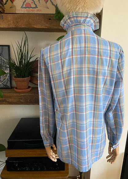Vintage 1970s Pale Blue Gold Ruffle Prairie Shirt