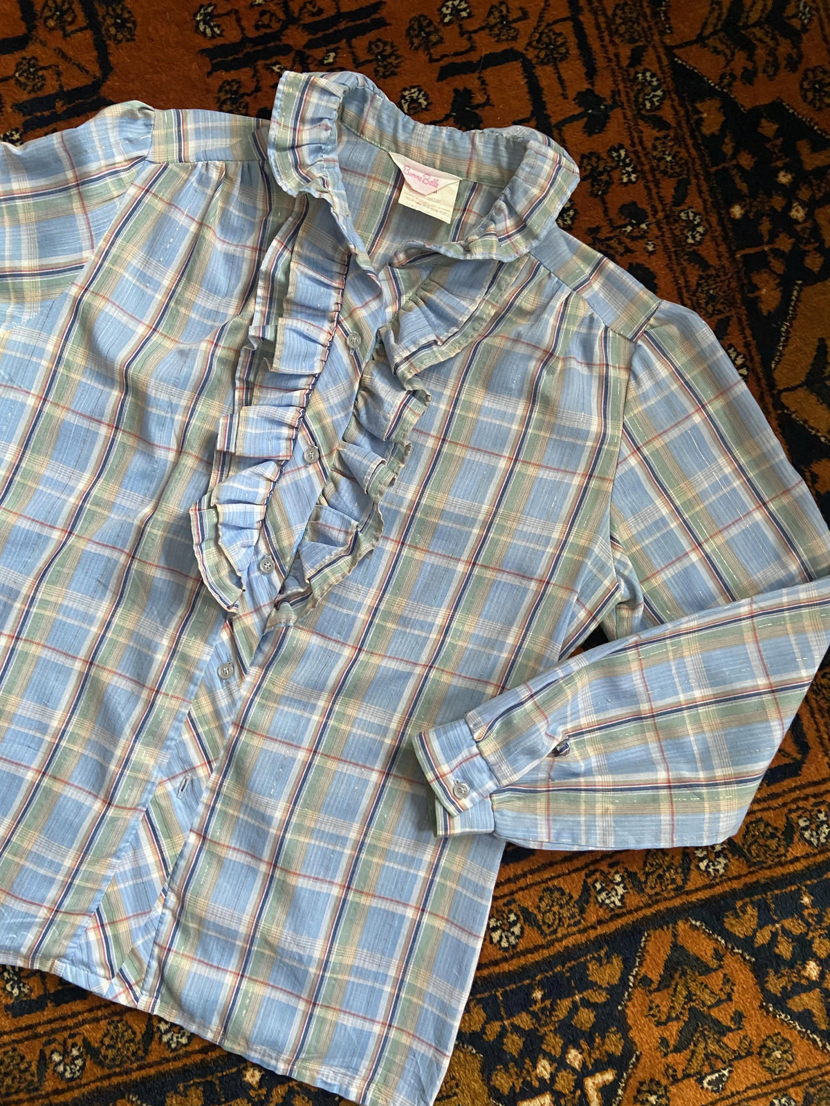 Vintage 1970s Pale Blue Gold Ruffle Prairie Shirt