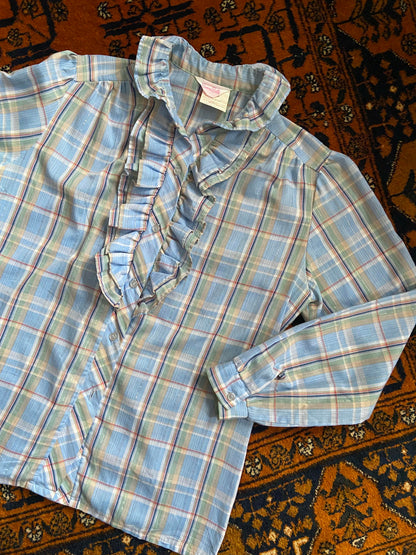 Vintage 1970s Pale Blue Gold Ruffle Prairie Shirt