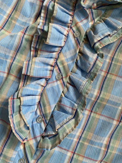 Vintage 1970s Pale Blue Gold Ruffle Prairie Shirt