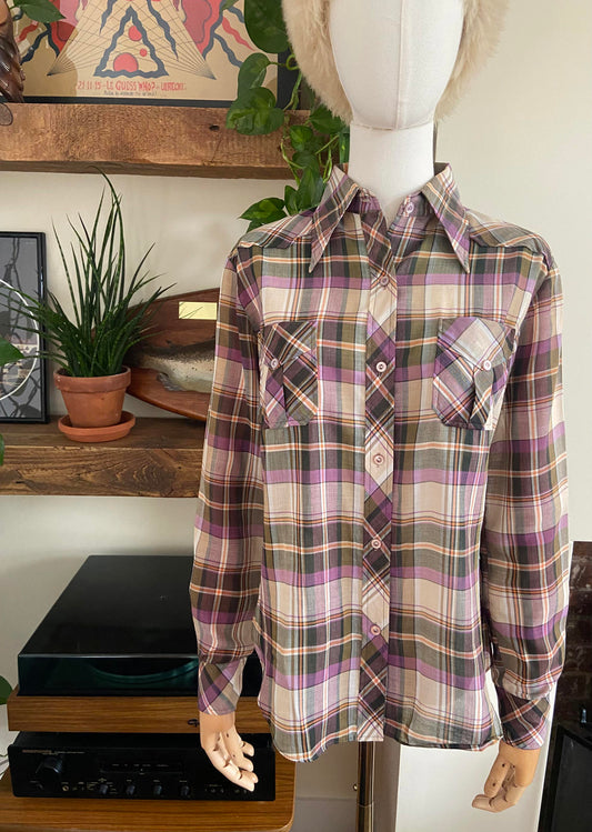 Vintage 1970s Purple Check Dagger Collar Shirt