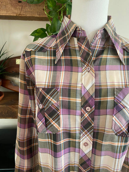 Vintage 1970s Purple Check Dagger Collar Shirt