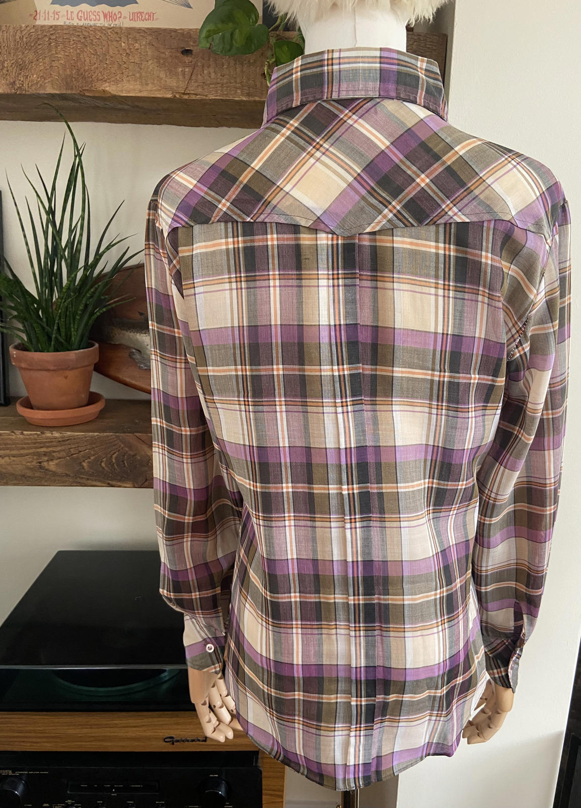 Vintage 1970s Purple Check Dagger Collar Shirt