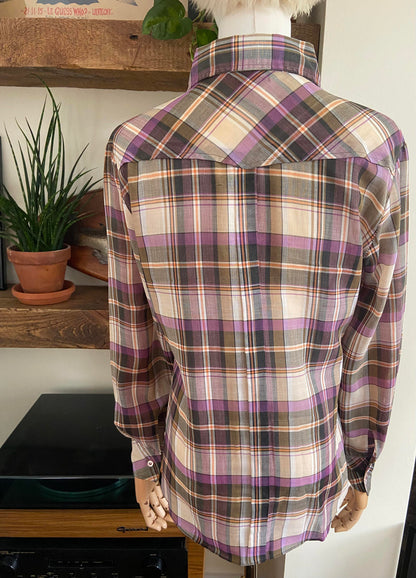 Vintage 1970s Purple Check Dagger Collar Shirt