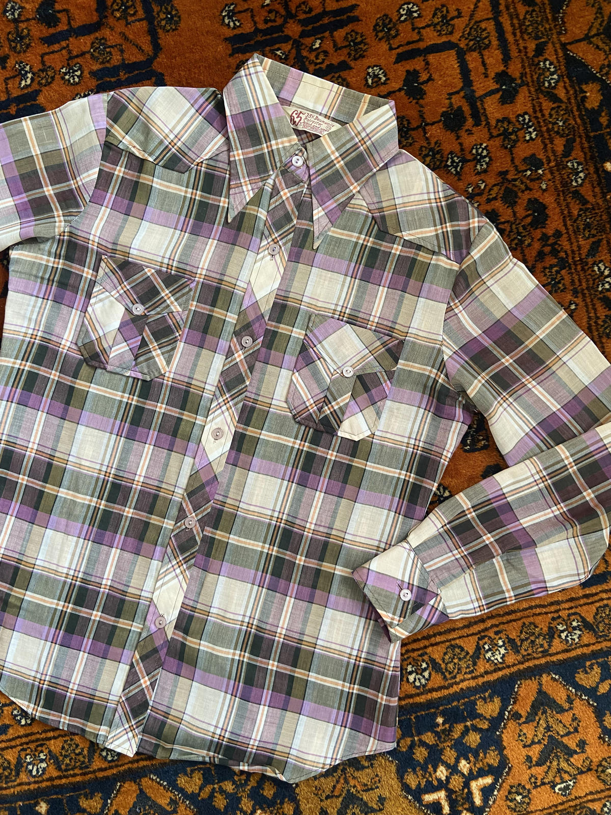 Vintage 1970s Purple Check Dagger Collar Shirt