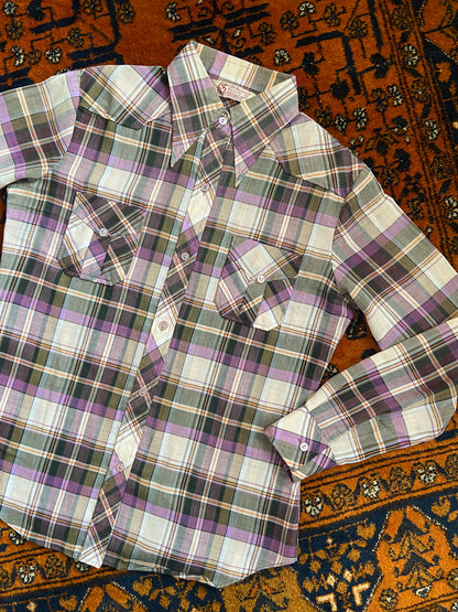 Vintage 1970s Purple Check Dagger Collar Shirt