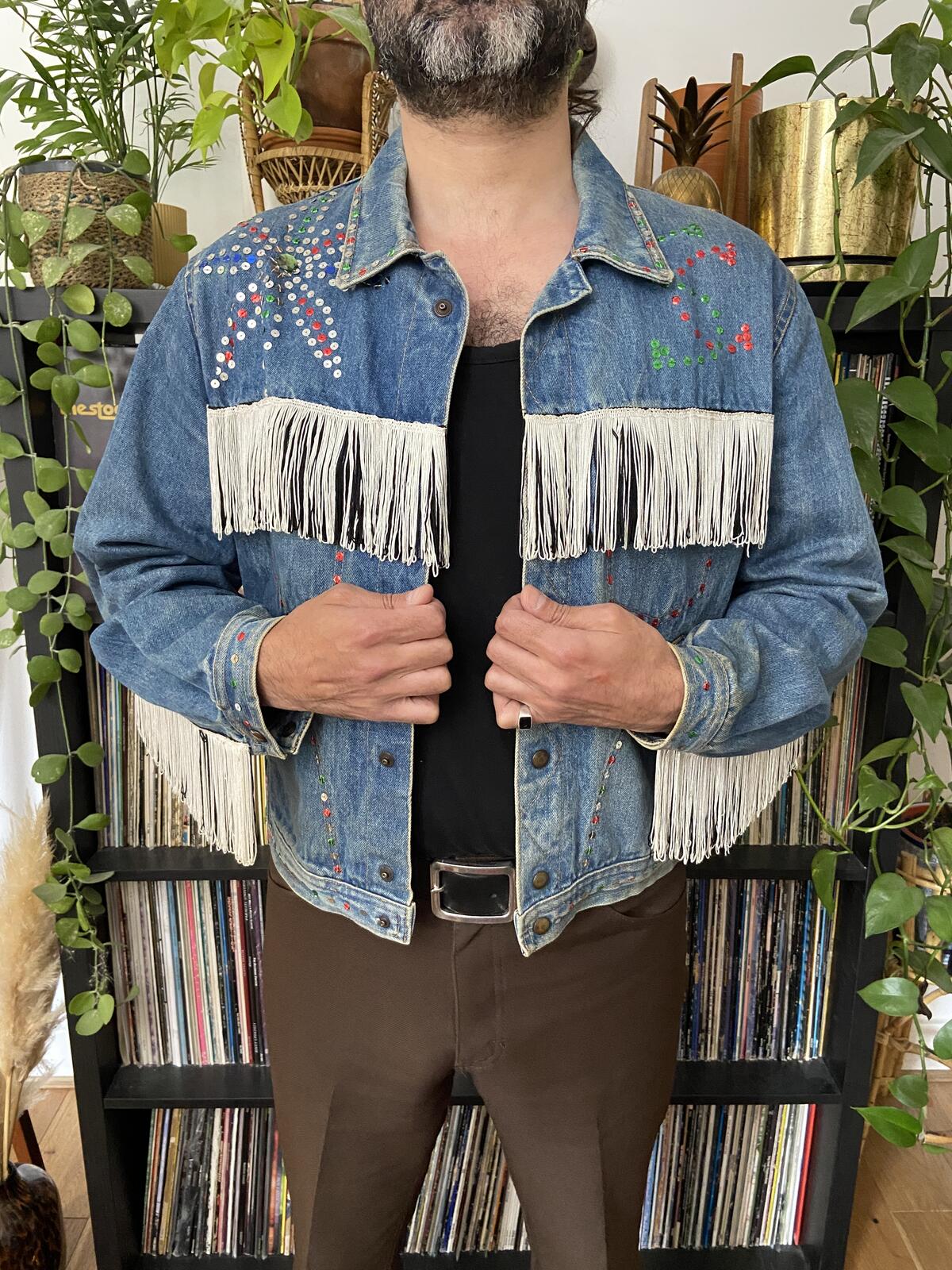 Vintage 1970s Customised Sequinned & Fringed Denim Jacket
