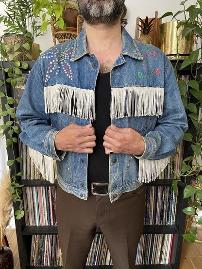 Vintage 1970s Customised Sequinned & Fringed Denim Jacket